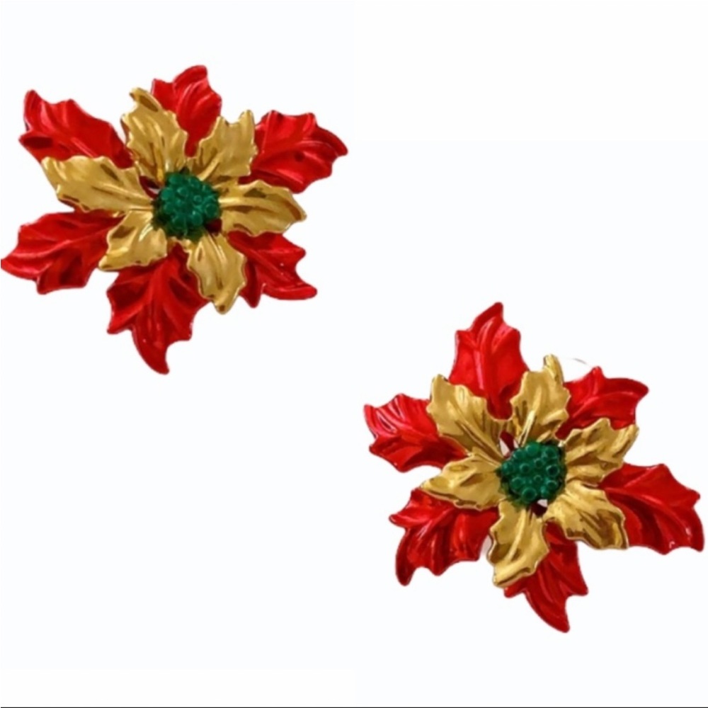 Vintage metallic red gold Christmas poinsettia earrings